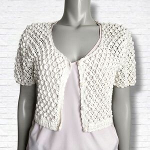 Vintage "Kroshetta" White Bobble Crochet Short Sleeve Cardigan Size M